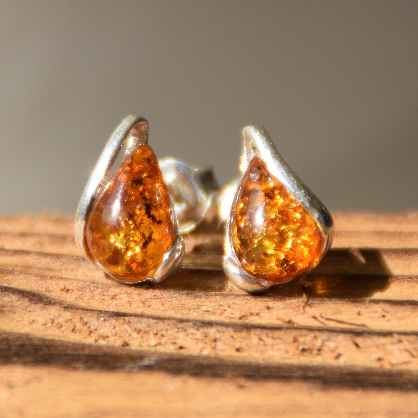 Cognac Natural Amber and 925 Silver Teardrop Stud Earrings, MJ Baltica, BK012