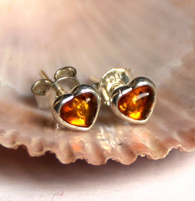 MJ Baltica, stud earrings, heart, natural Baltic amber, 925 silver, handcrafted BK016