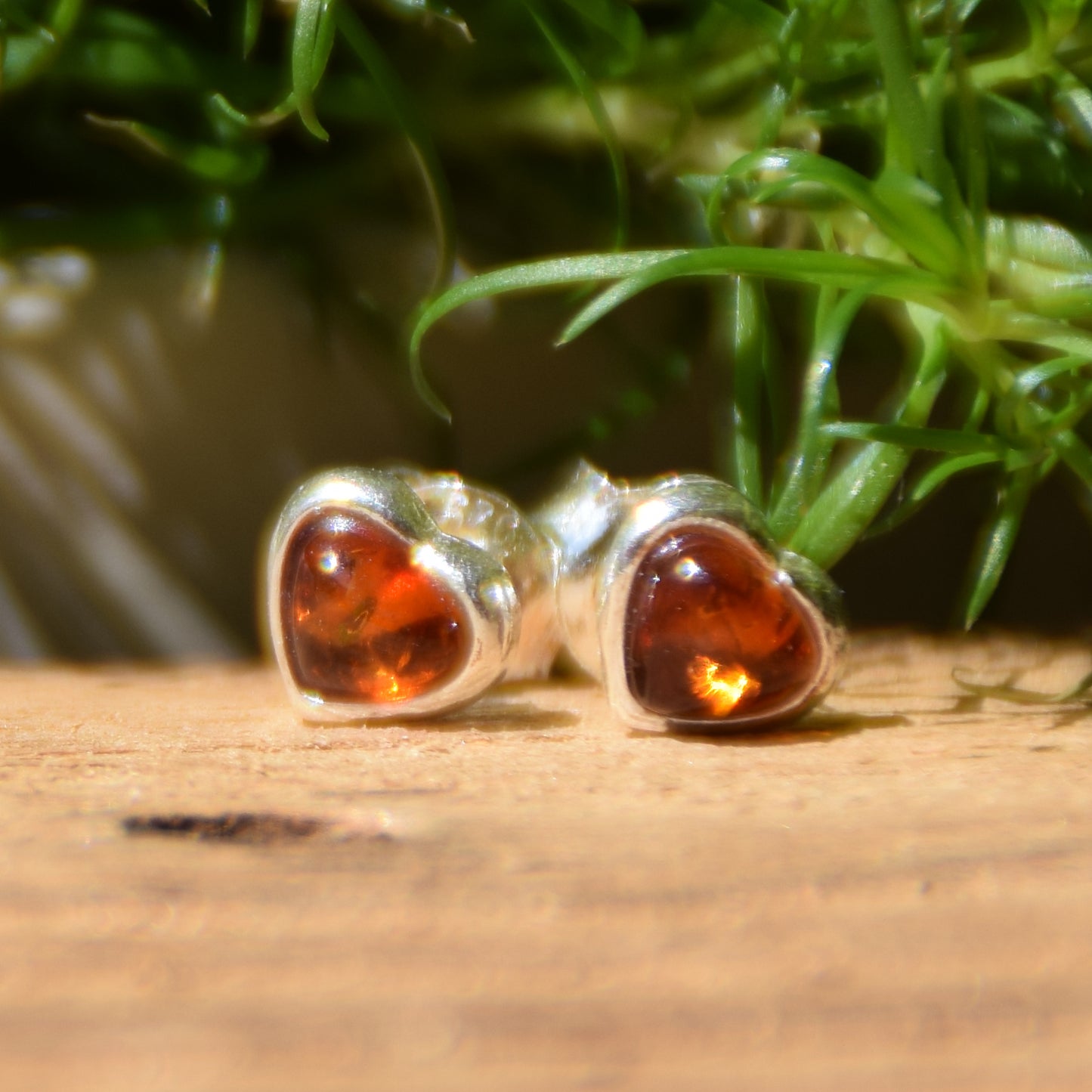 Romantic heart-shaped stud earrings with natural Cognac Amber and Sterling Silver 925, MJ Baltica, BK016