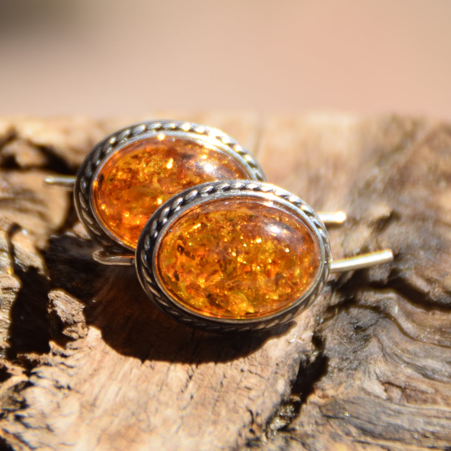 Classic oval ear wire earrings crafted with natural Cognac Amber and 925 Sterling Silver, MJ Baltica, BK018