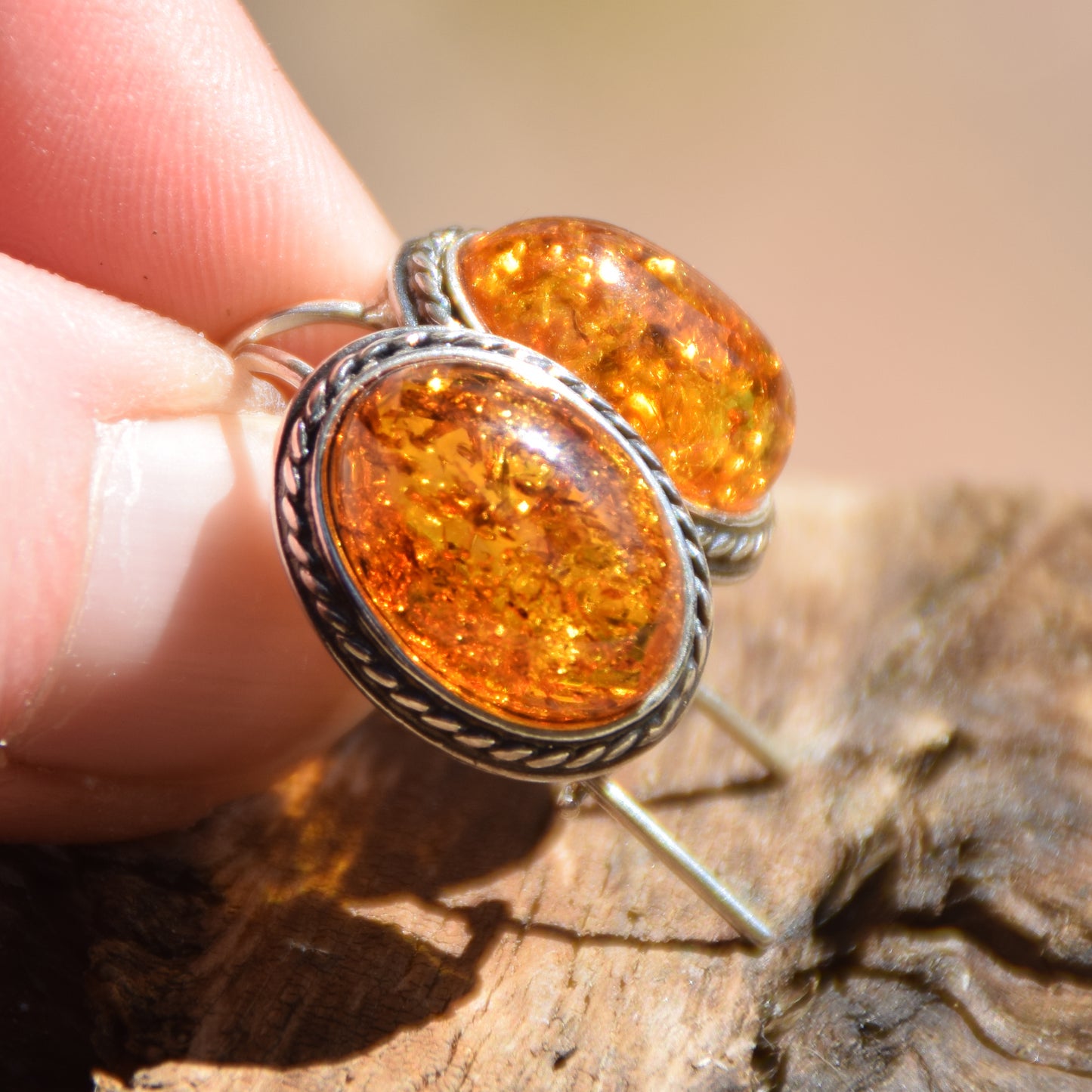Classic oval ear wire earrings crafted with natural Cognac Amber and 925 Sterling Silver, MJ Baltica, BK018