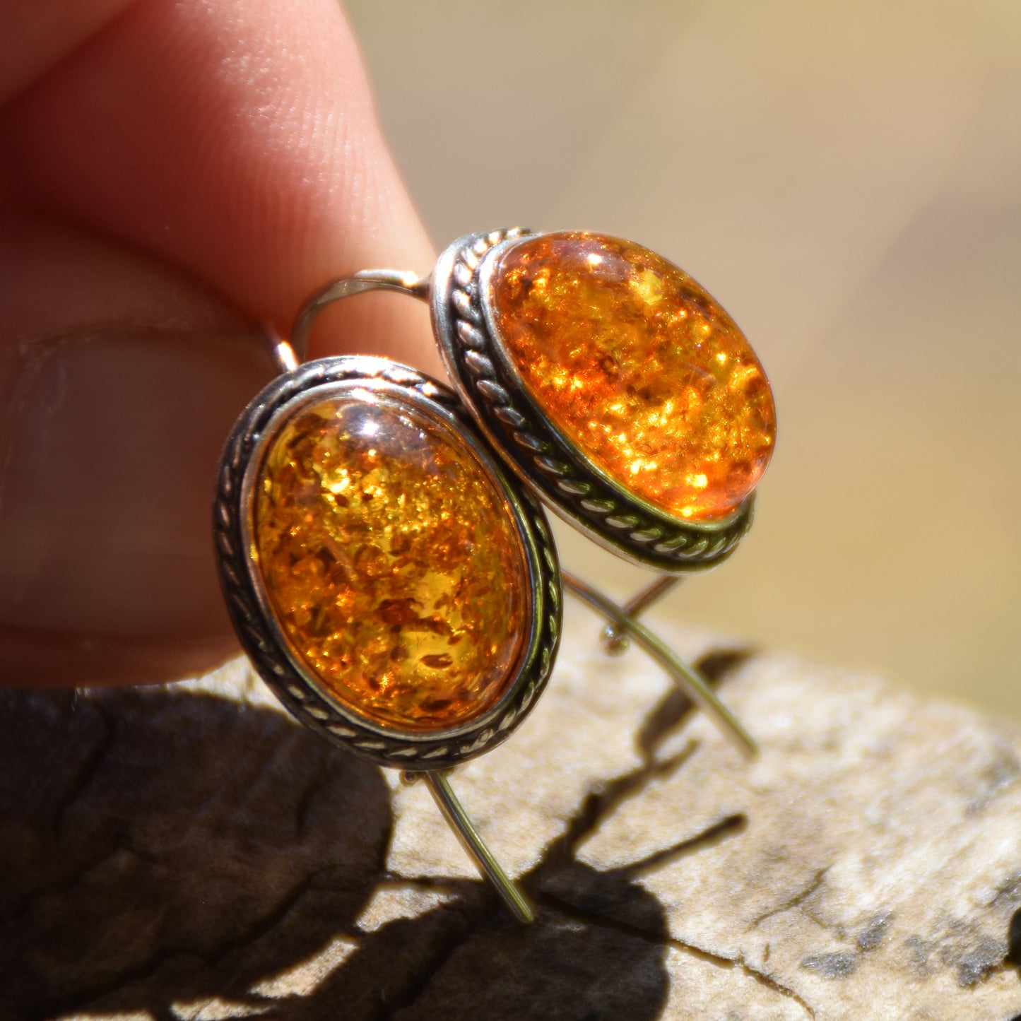 Classic oval ear wire earrings crafted with natural Cognac Amber and 925 Sterling Silver, MJ Baltica, BK018