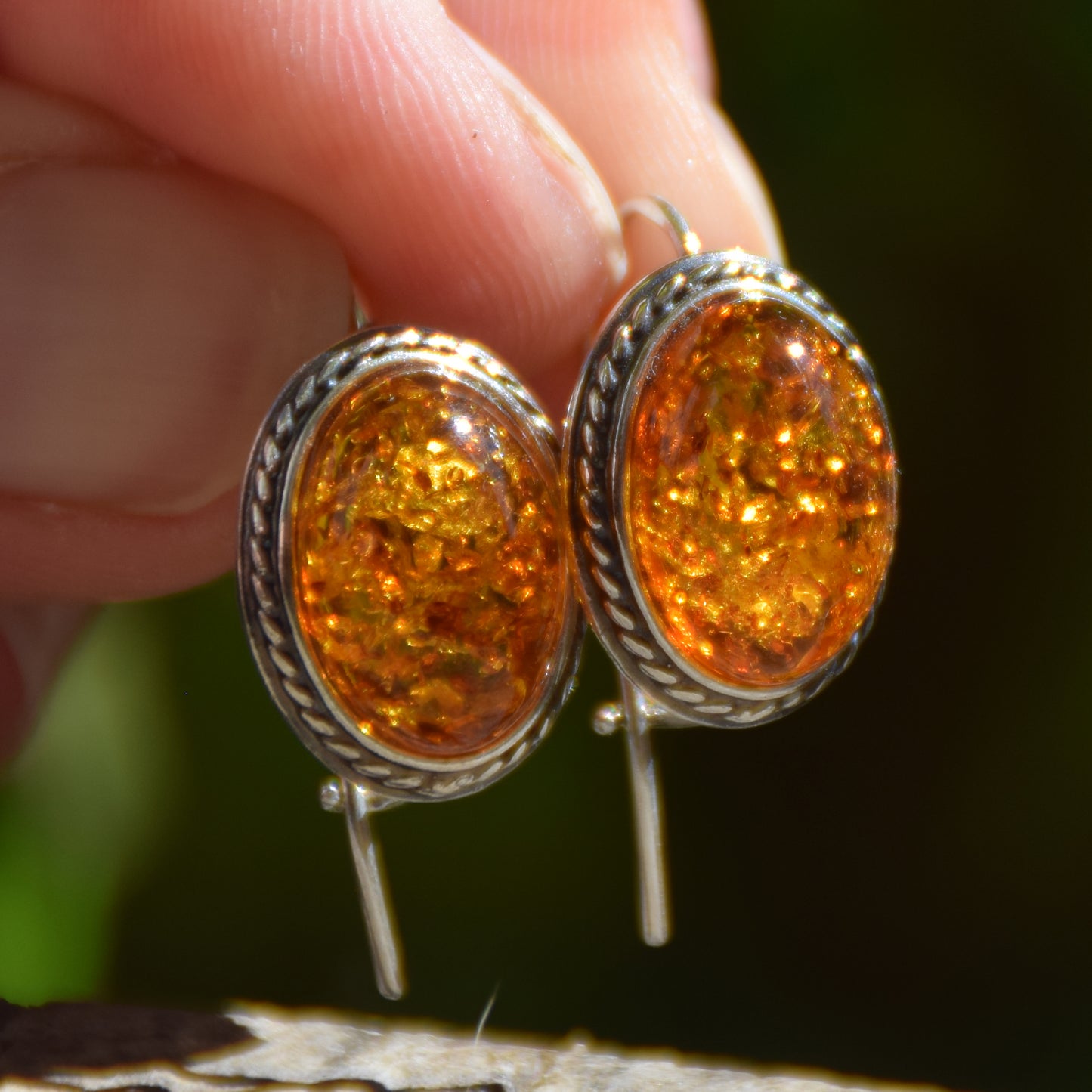 Classic oval ear wire earrings crafted with natural Cognac Amber and 925 Sterling Silver, MJ Baltica, BK018
