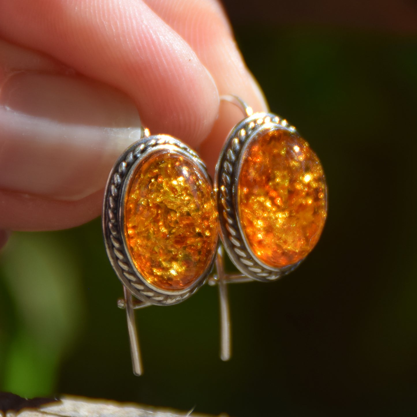 Classic oval ear wire earrings crafted with natural Cognac Amber and 925 Sterling Silver, MJ Baltica, BK018