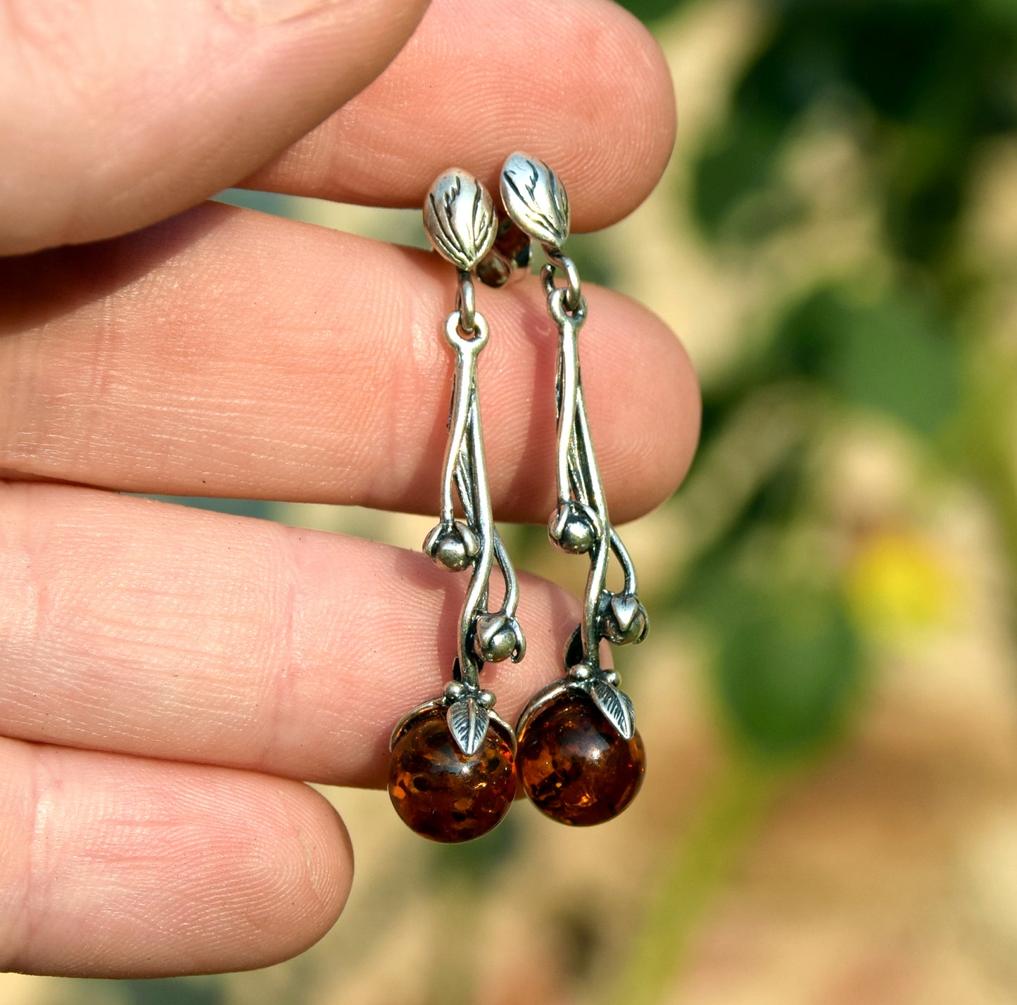 MJ Baltica, earrings, natural Baltic amber, 925 silver, bunches, fruits, sprig, BK020