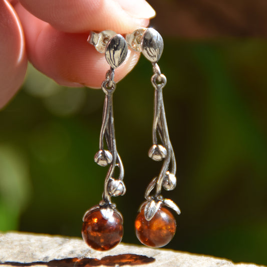 Dangle cluster earrings with natural cognac amber and 925 silver, MJ Baltica, BK020