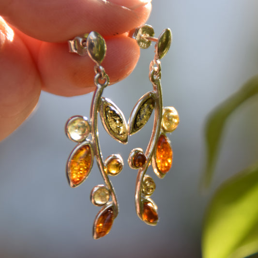 Bright branch-shaped dangle earrings with natural Amber in various colors and 925 Sterling Silver, MJ Baltica, BK022
