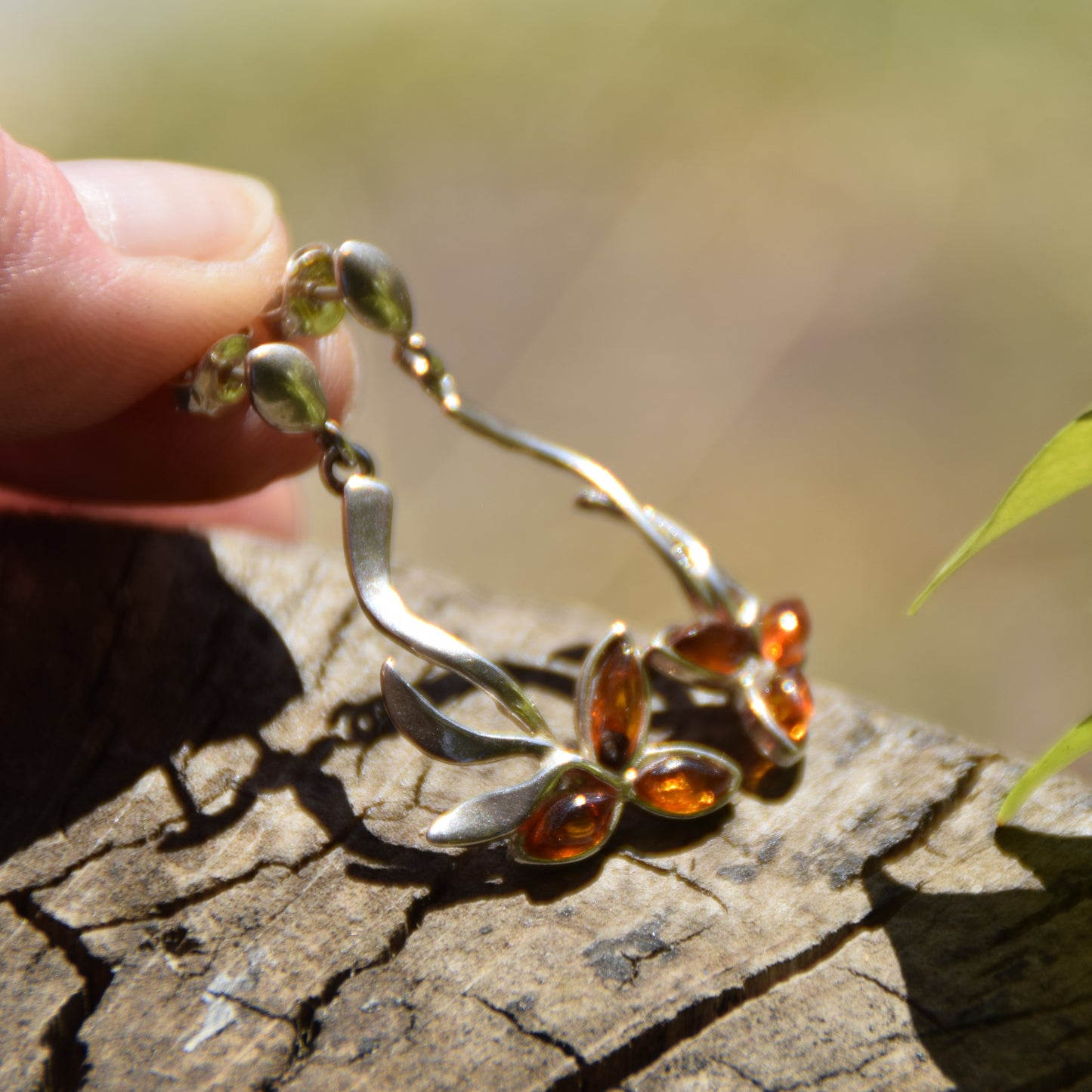 Floral Earrings with Natural Cognac Amber and Sterling Silver 925, MJ Baltica, BK024