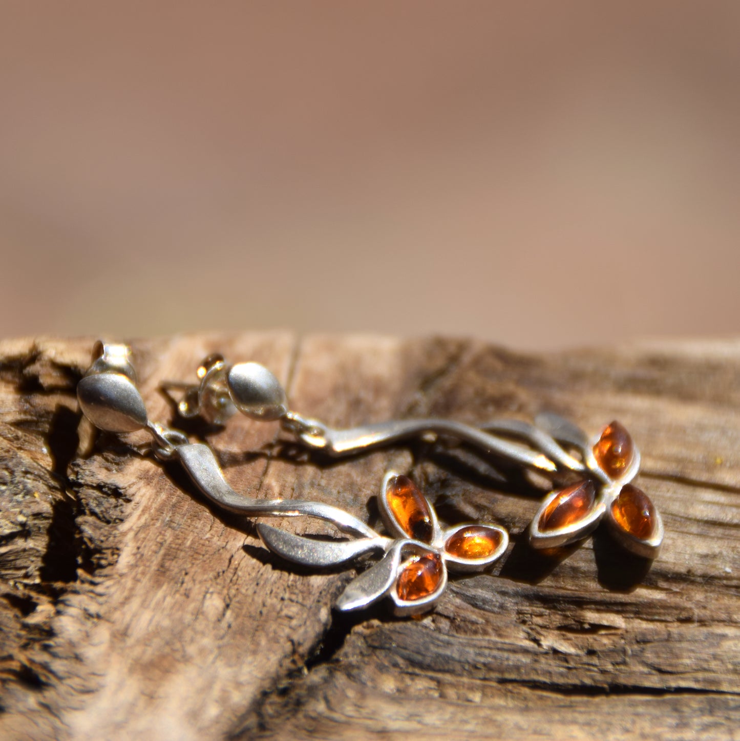 Floral Earrings with Natural Cognac Amber and Sterling Silver 925, MJ Baltica, BK024