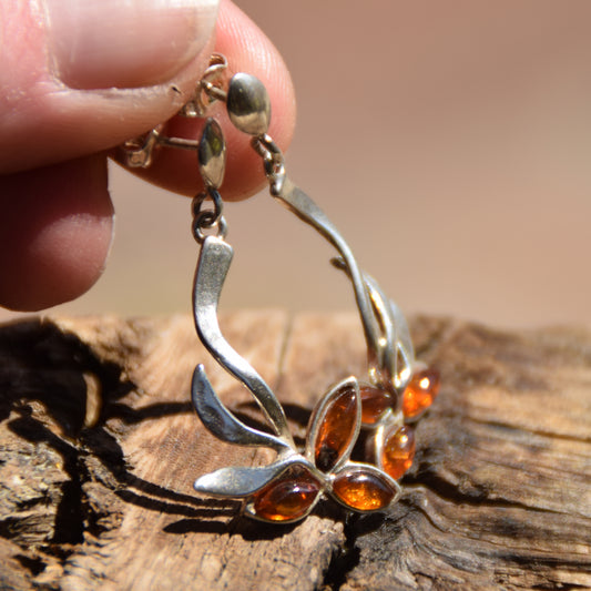 Floral Earrings with Natural Cognac Amber and Sterling Silver 925, MJ Baltica, BK024