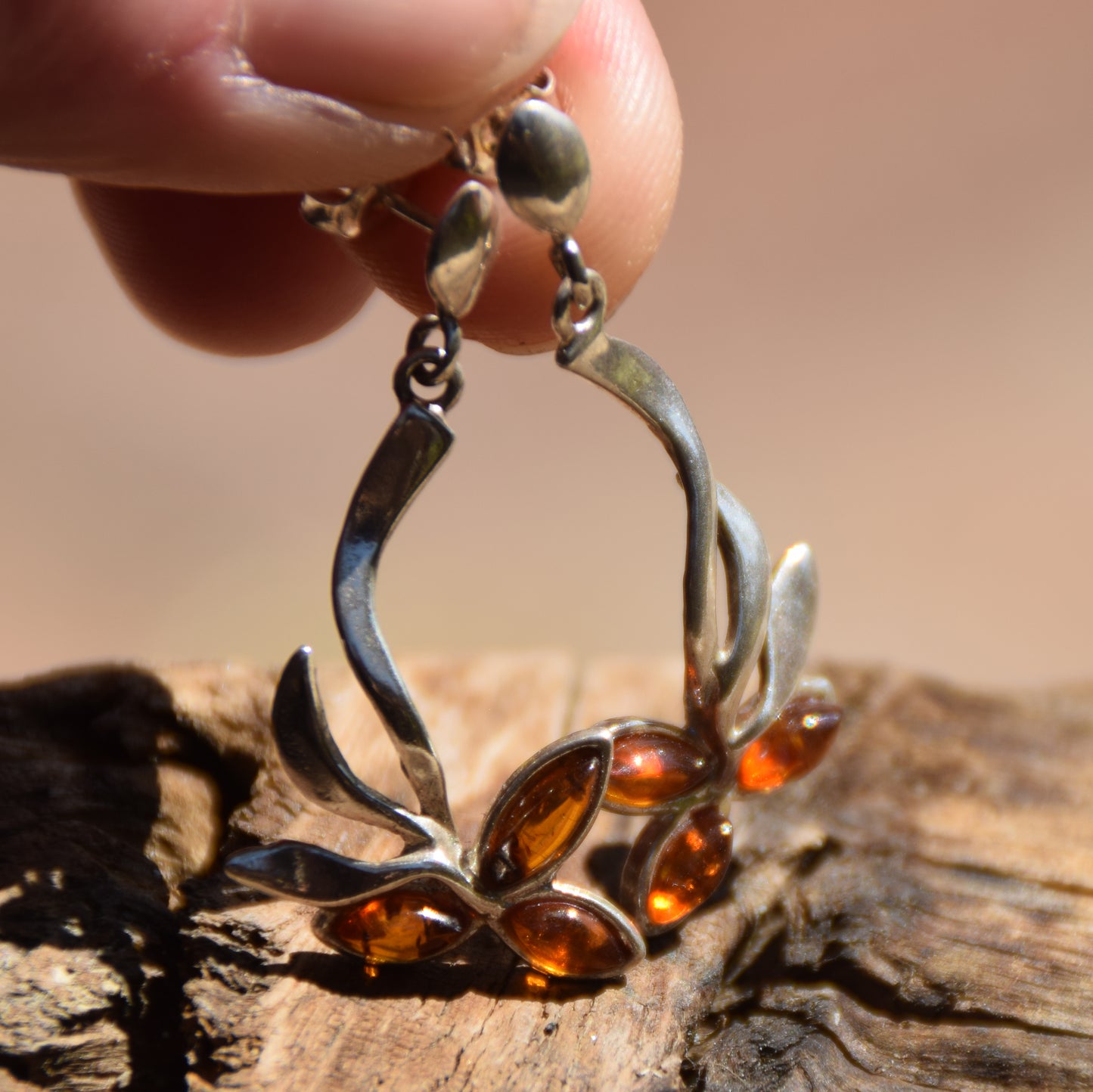Floral Earrings with Natural Cognac Amber and Sterling Silver 925, MJ Baltica, BK024