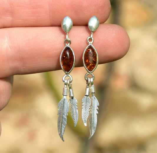 MJ Baltica, earrings, natural Baltic amber, 925 silver, feathers, handcrafted, BK025