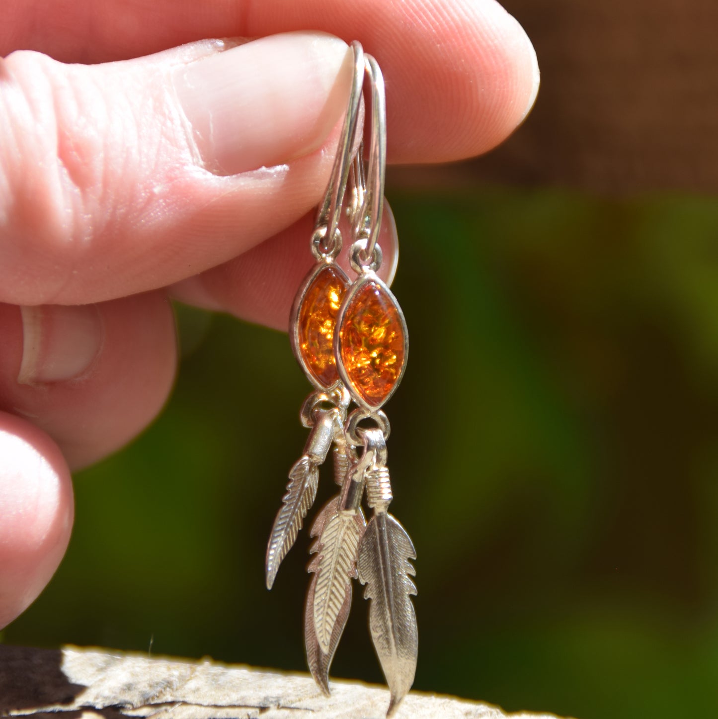 Long dangle earrings with natural cognac amber and 925 Silver, MJ Baltica, BK025