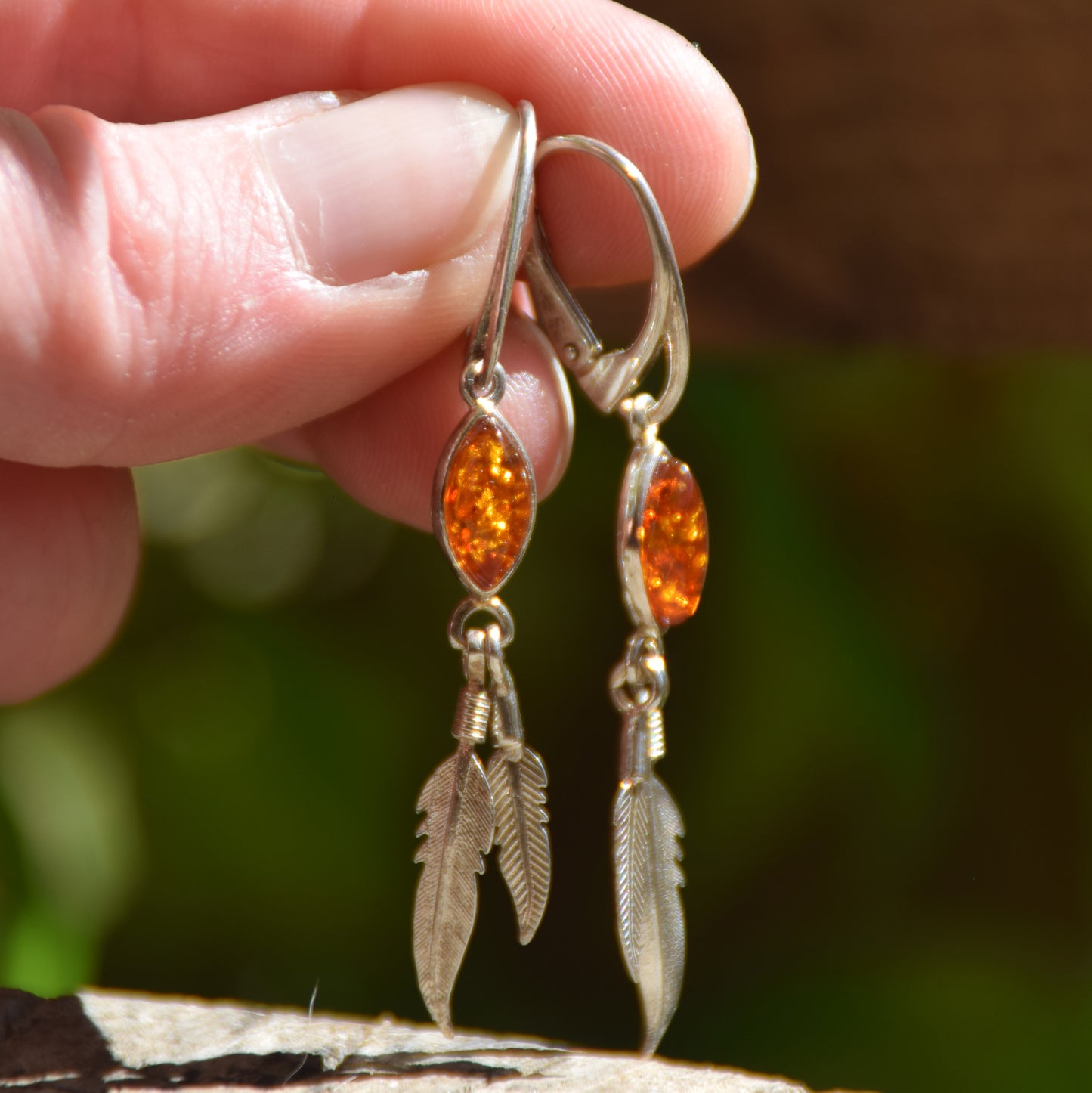 Long dangle earrings with natural cognac amber and 925 Silver, MJ Baltica, BK025