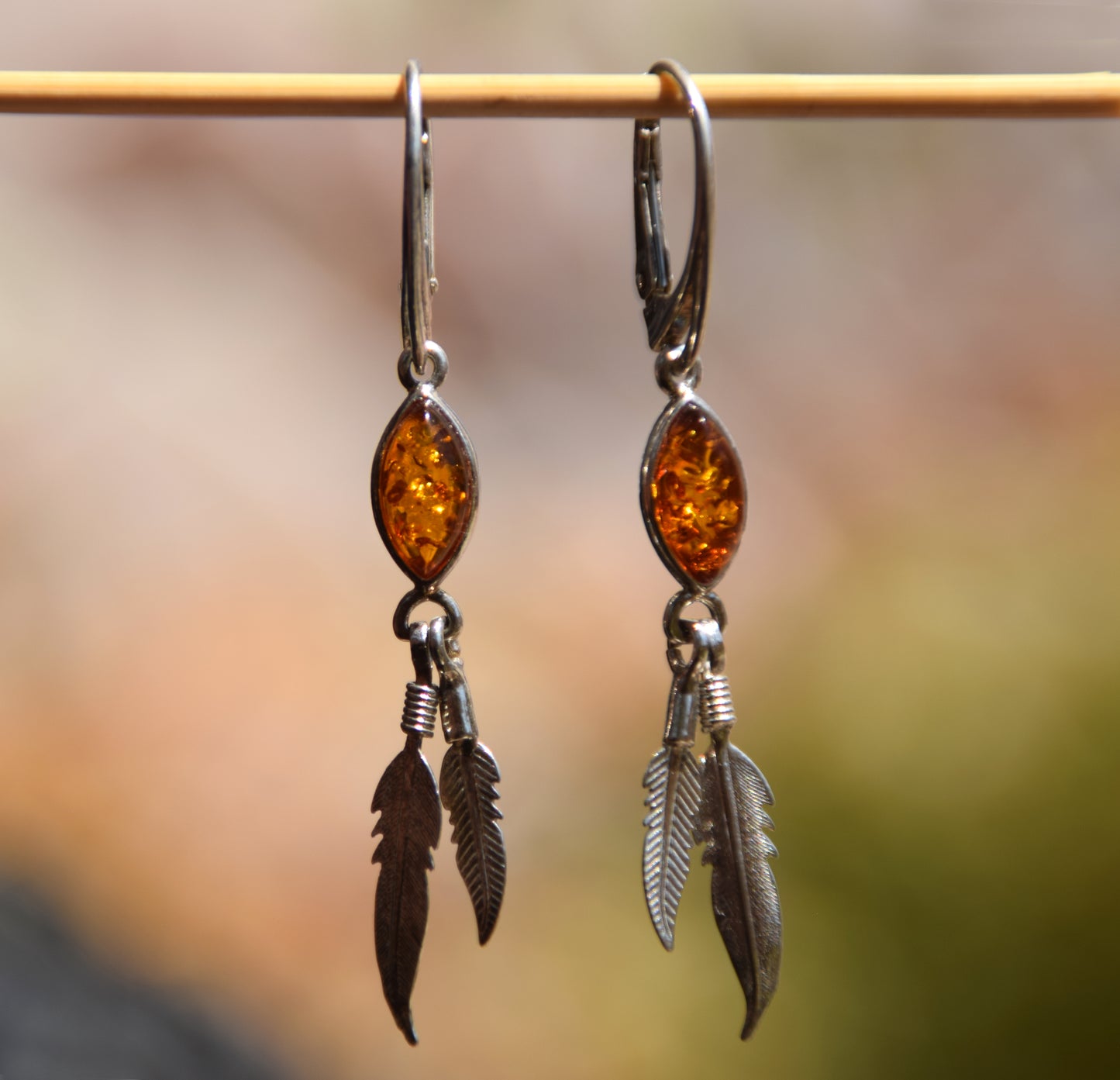 Long dangle earrings with natural cognac amber and 925 Silver, MJ Baltica, BK025