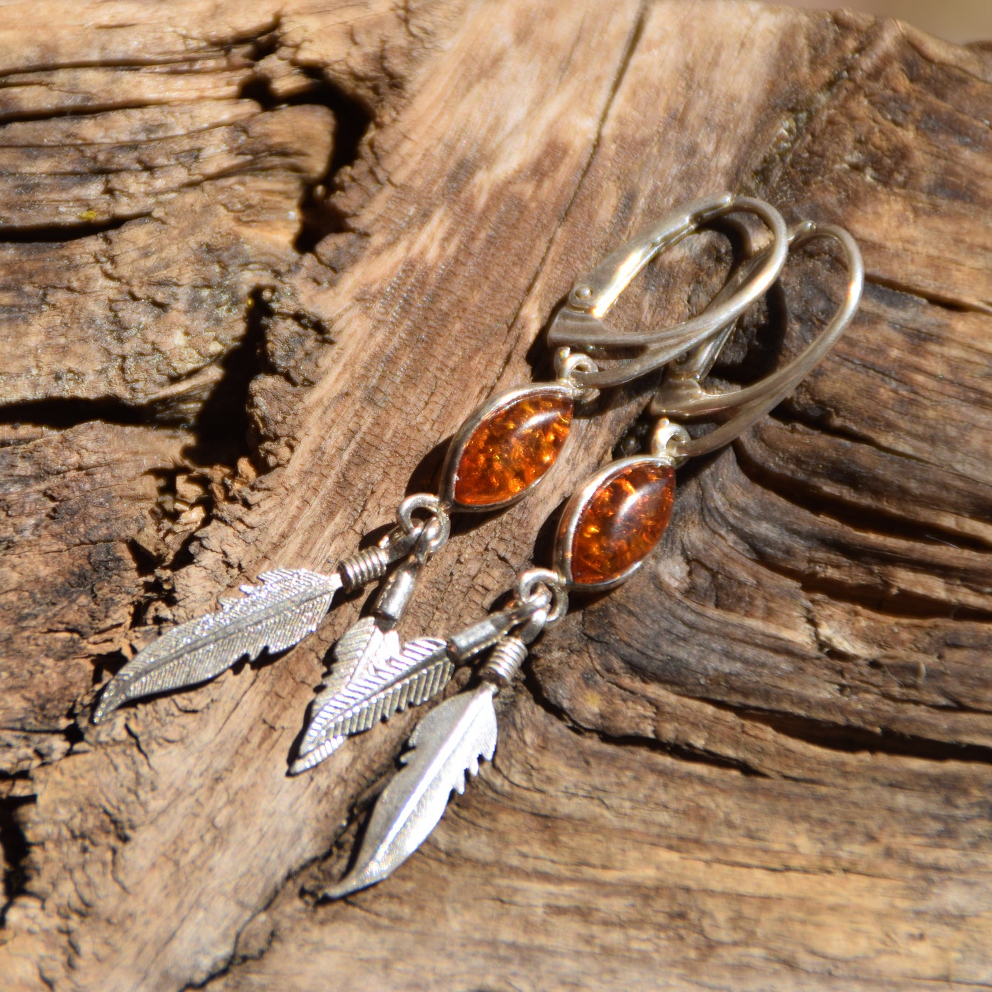 Long dangle earrings with natural cognac amber and 925 Silver, MJ Baltica, BK025