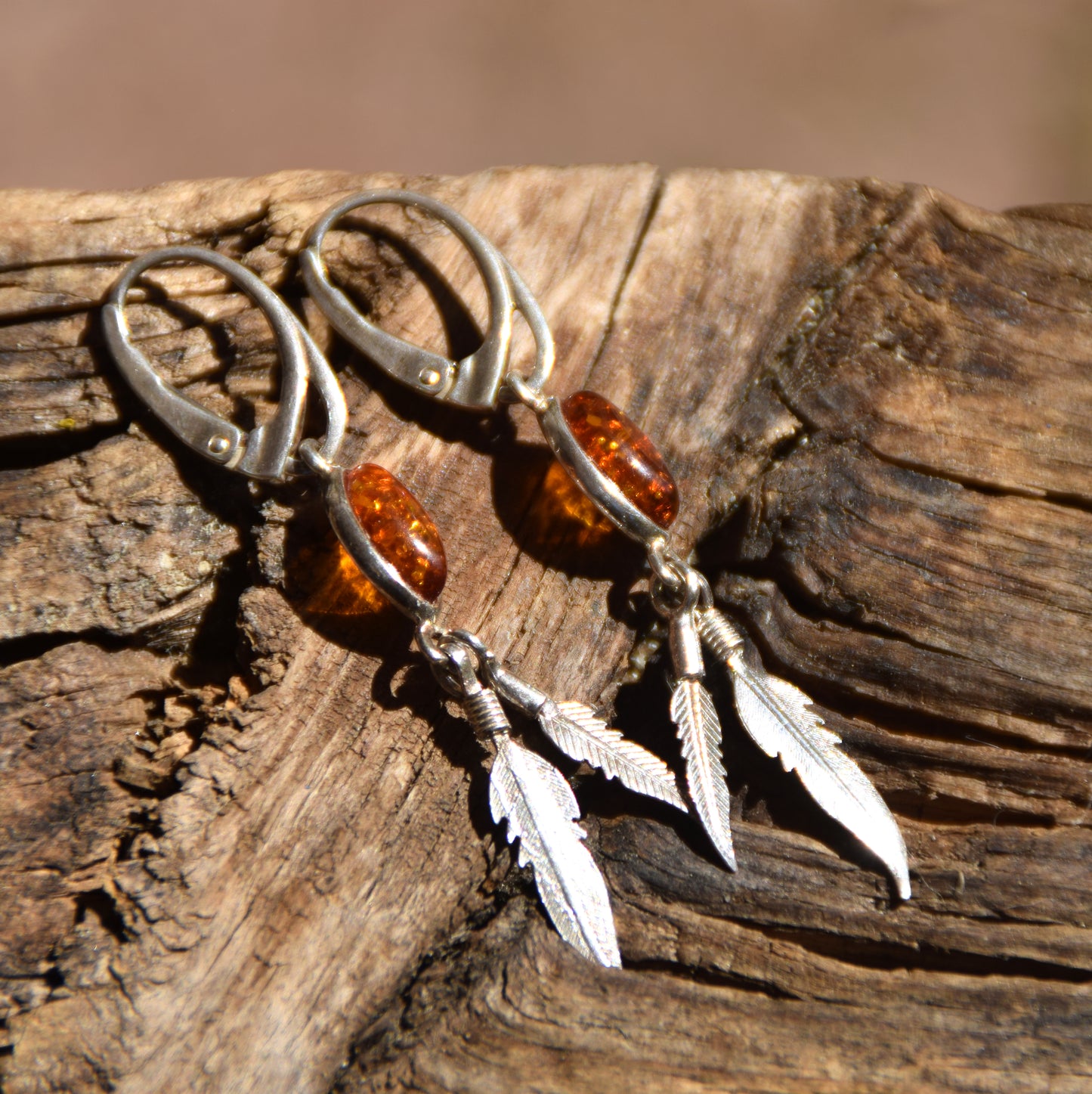 Long dangle earrings with natural cognac amber and 925 Silver, MJ Baltica, BK025