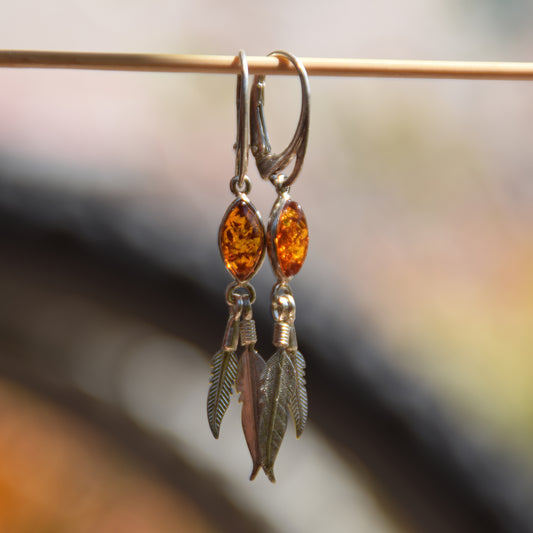 Long dangle earrings with natural cognac amber and 925 Silver, MJ Baltica, BK025