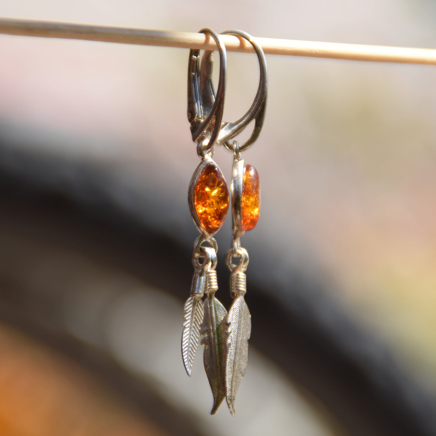 Long dangle earrings with natural cognac amber and 925 Silver, MJ Baltica, BK025