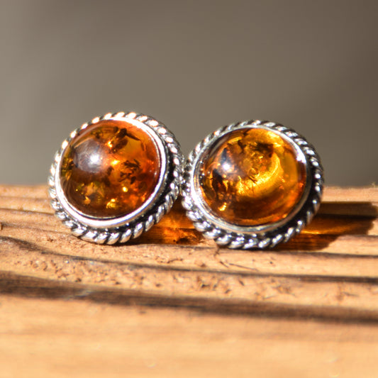Round Vintage Style Stud Earrings with Natural Cognac Amber and 925 Sterling Silver, MJ Baltica, BK026