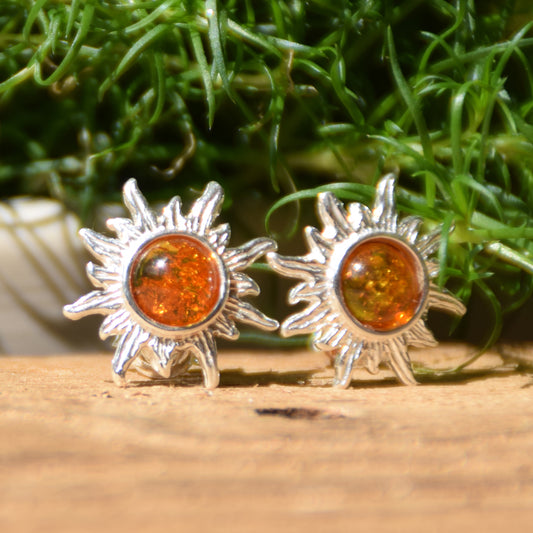 Sun-shaped stud earrings with natural Cognac Amber and 925 Silver, MJ Baltica, BK028