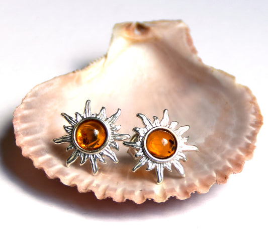 MJ Baltica, earrings, natural Baltic amber, 925 silver, sun, lobe, luminous, BK028