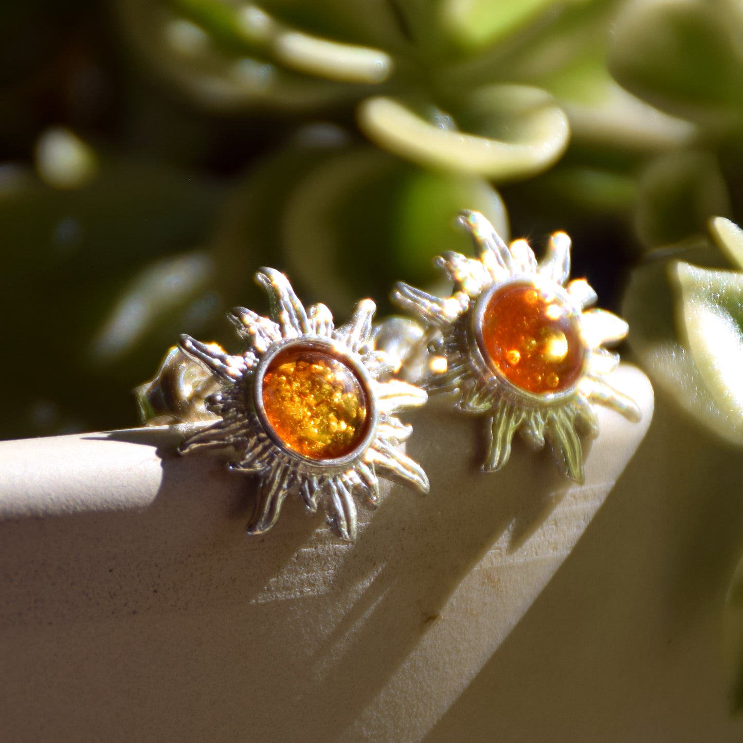 Sun-shaped stud earrings with natural Cognac Amber and 925 Silver, MJ Baltica, BK028