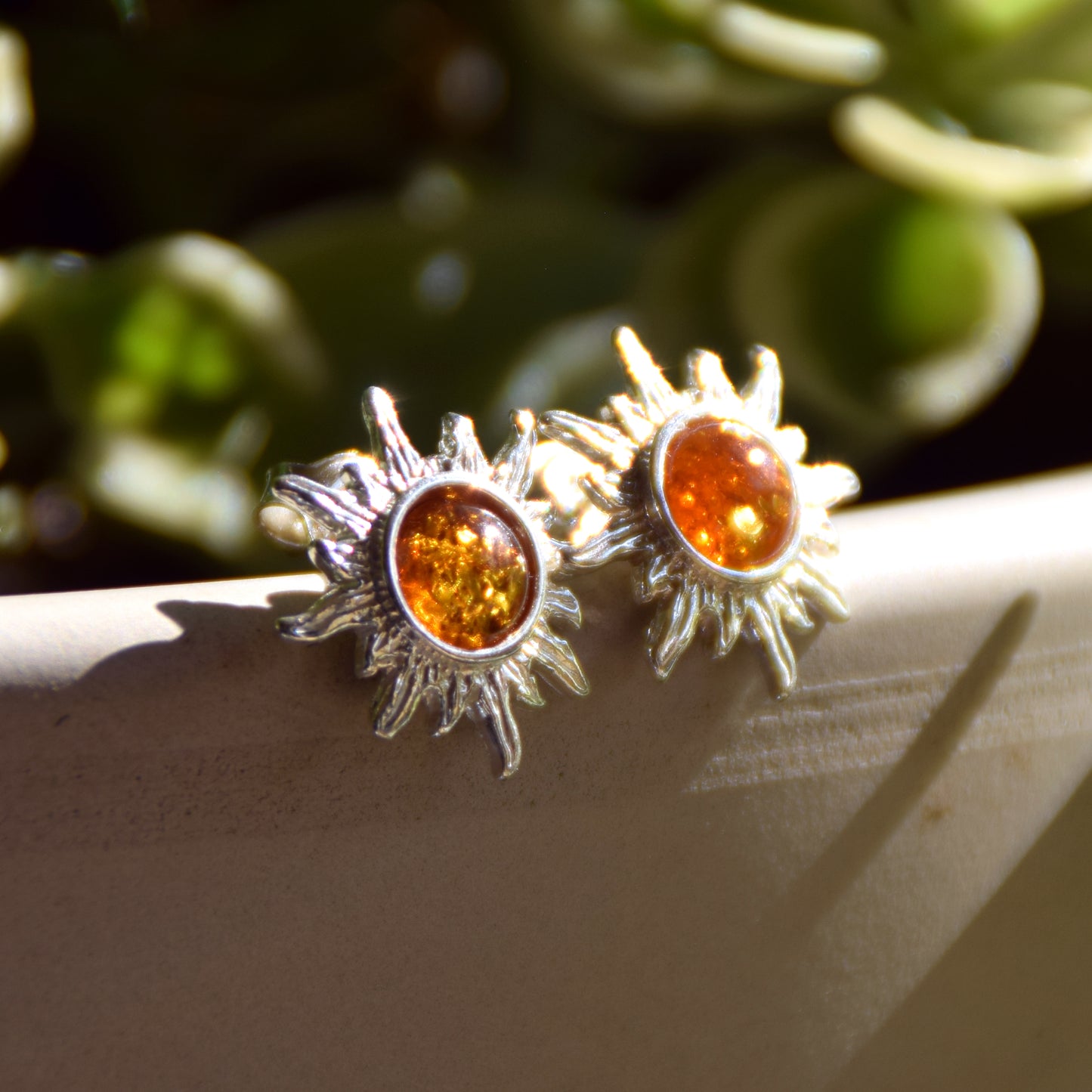 Sun-shaped stud earrings with natural Cognac Amber and 925 Silver, MJ Baltica, BK028