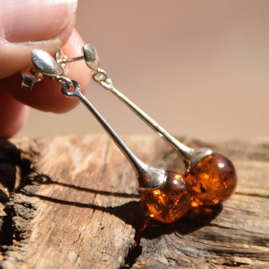 Dangling earrings with natural Cognac Amber spheres and 925 Sterling Silver, MJ Baltica, BK031