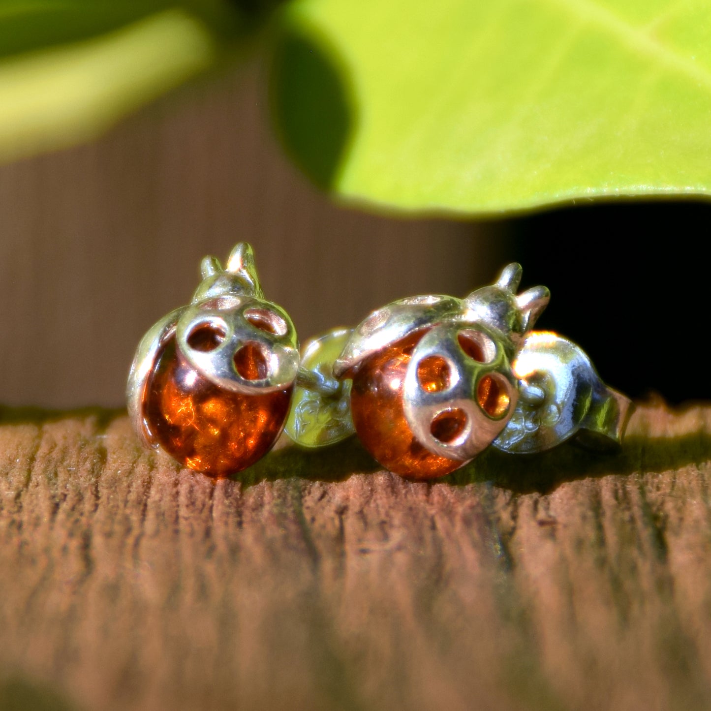 Delicate earrings with lucky ladybug in natural cognac-colored amber and 925 silver, MJ Baltica, BK035