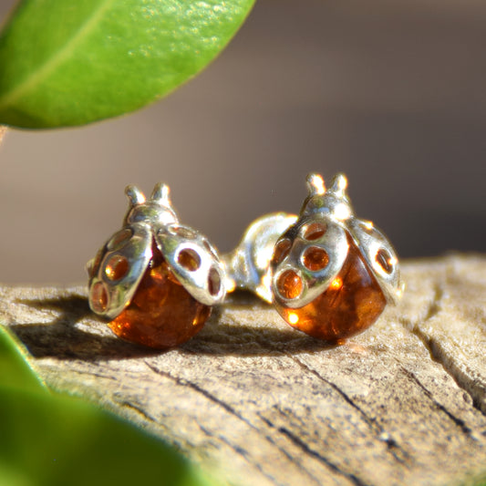 Delicate earrings with lucky ladybug in natural cognac-colored amber and 925 silver, MJ Baltica, BK035
