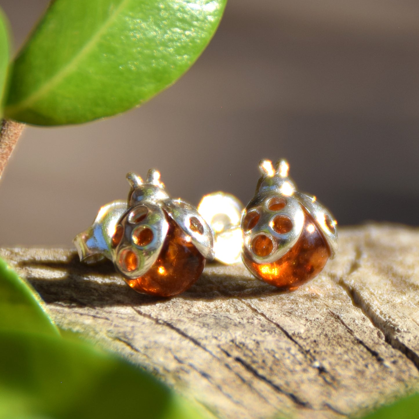 Delicate earrings with lucky ladybug in natural cognac-colored amber and 925 silver, MJ Baltica, BK035