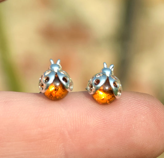 MJ Baltica, earrings, natural Baltic amber, 925 silver, ladybug, lobe, lucky charm, BK035