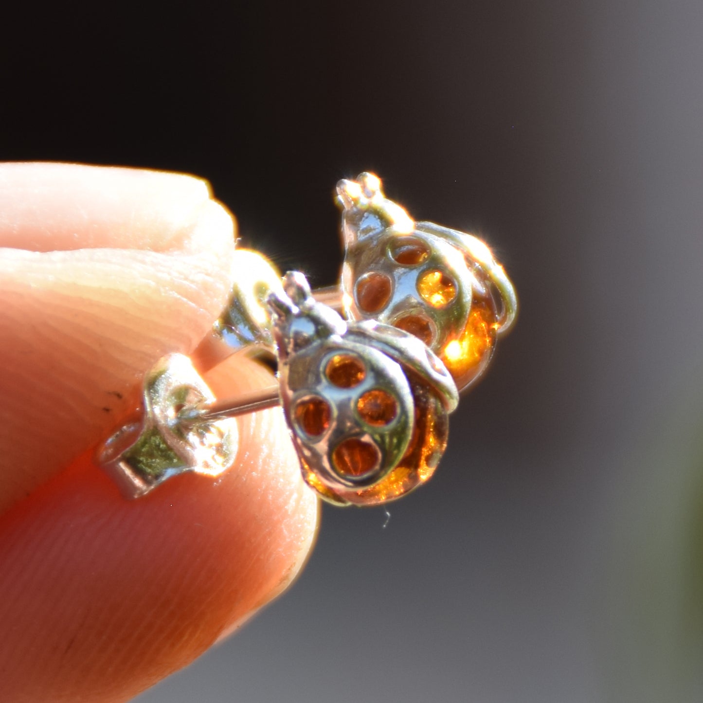 Delicate earrings with lucky ladybug in natural cognac-colored amber and 925 silver, MJ Baltica, BK035