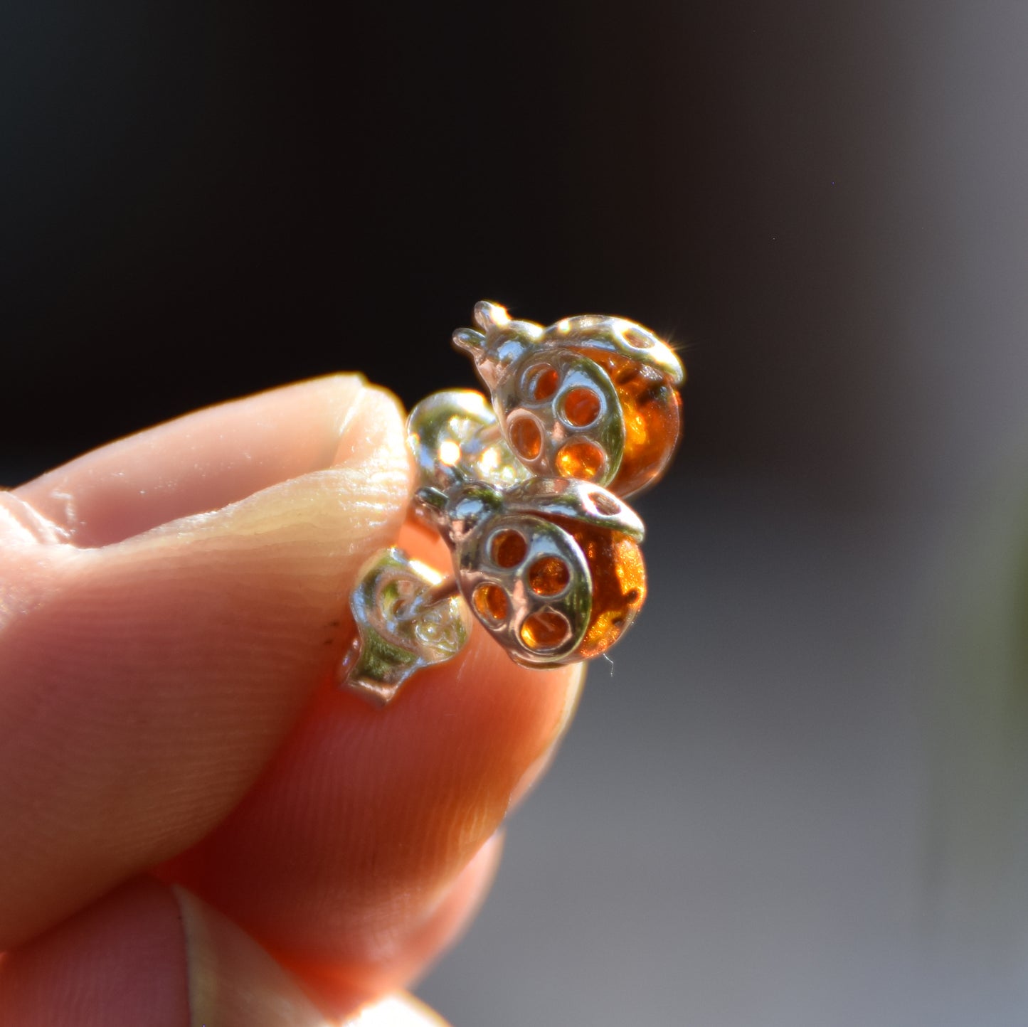 Delicate earrings with lucky ladybug in natural cognac-colored amber and 925 silver, MJ Baltica, BK035