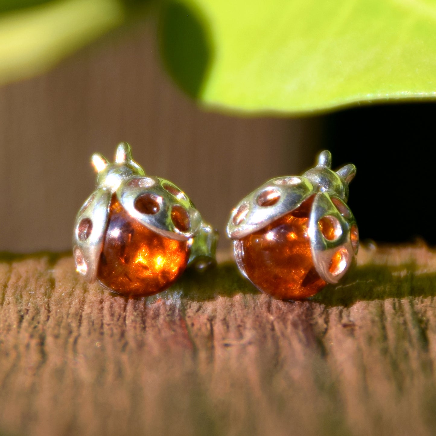 Delicate earrings with lucky ladybug in natural cognac-colored amber and 925 silver, MJ Baltica, BK035