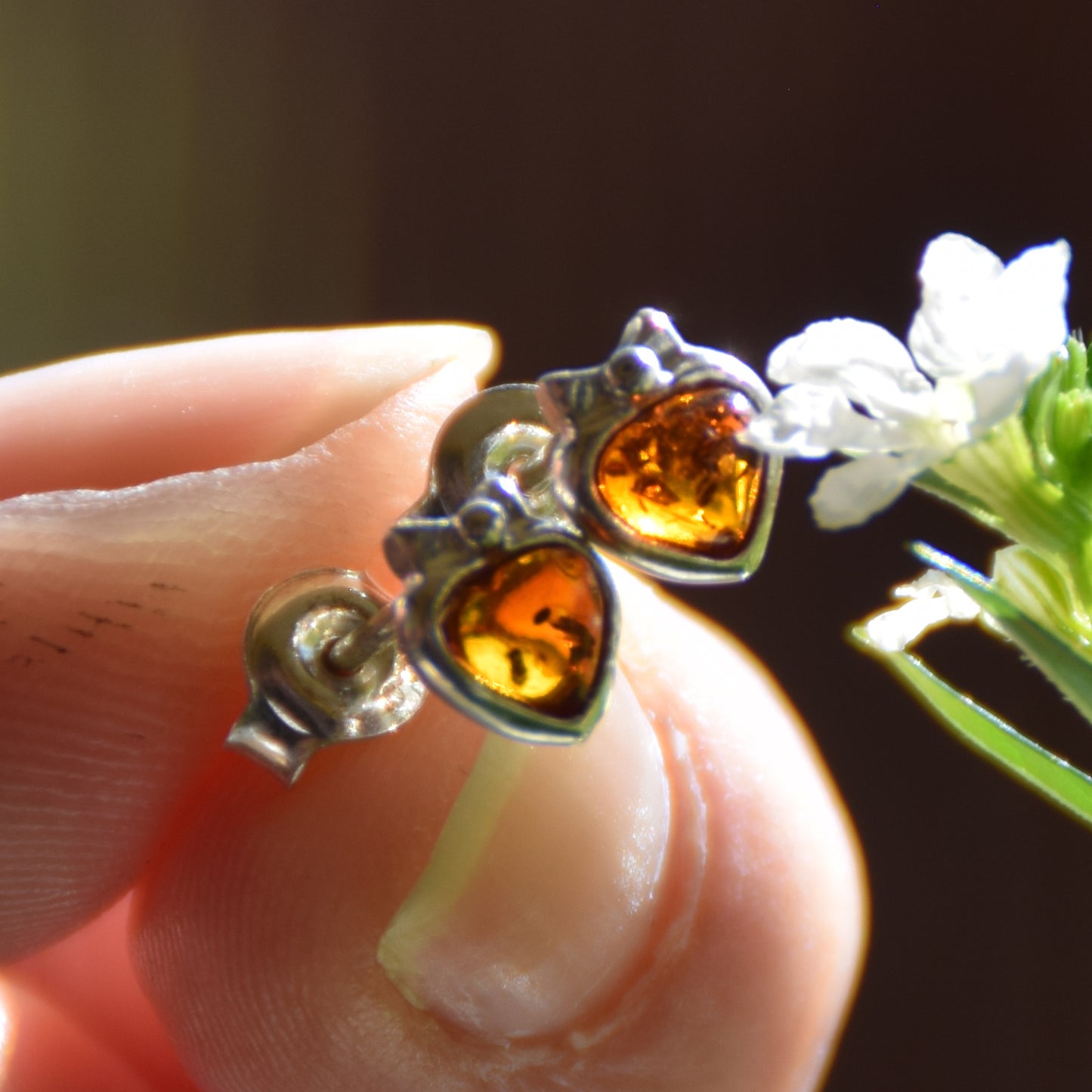 Romantic stud earrings in heart shape with natural cognac Amber and 925 Sterling Silver, MJ Baltica, BK036