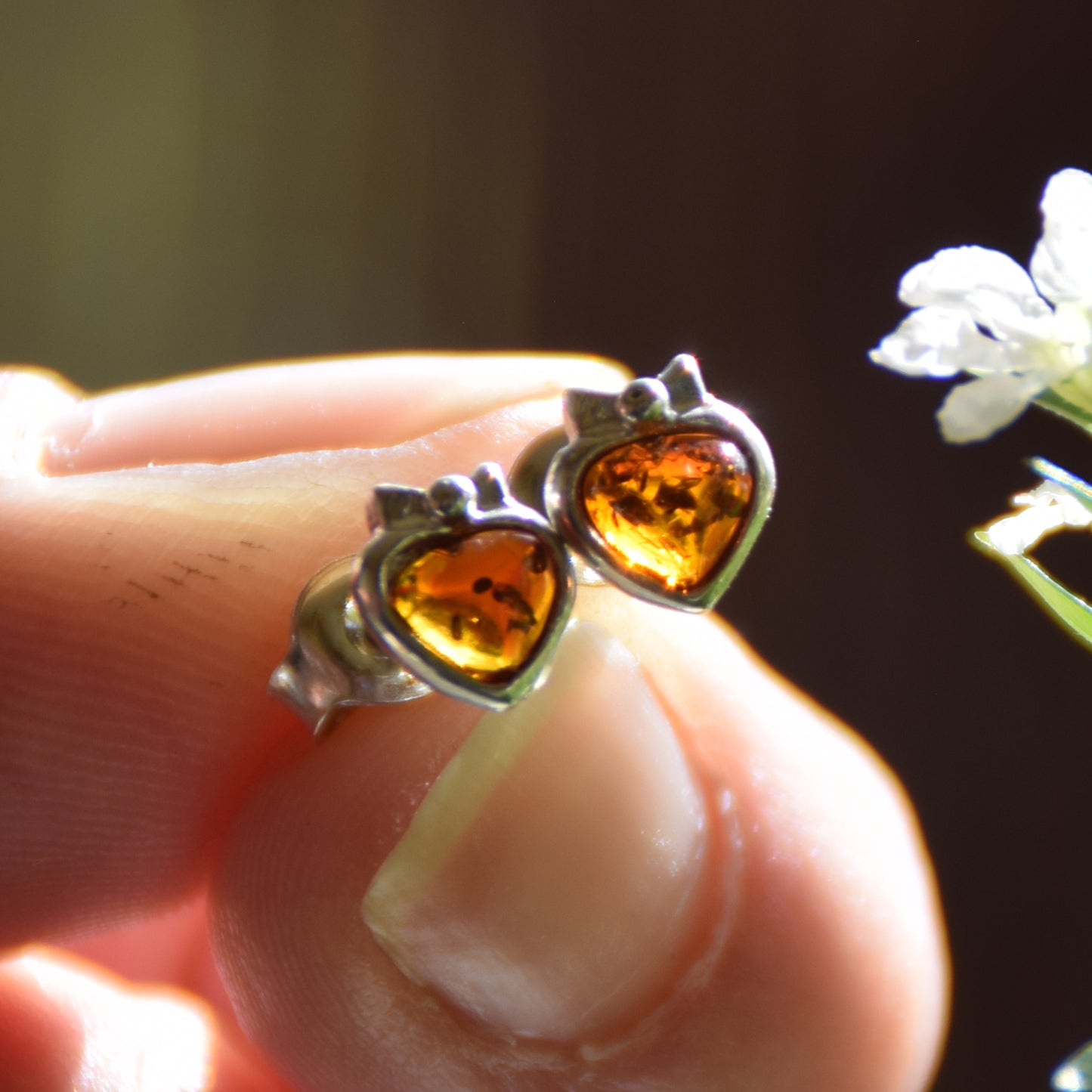 Romantic stud earrings in heart shape with natural cognac Amber and 925 Sterling Silver, MJ Baltica, BK036