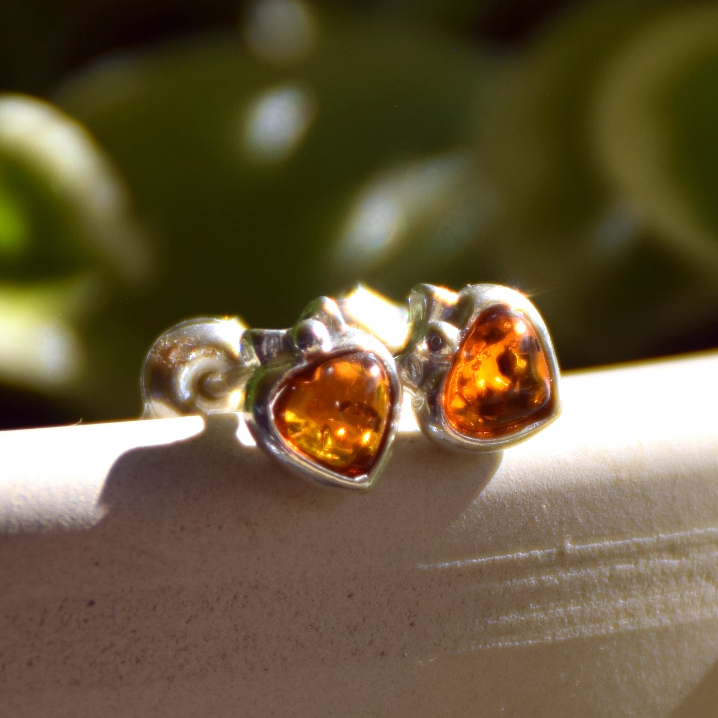 Romantic stud earrings in heart shape with natural cognac Amber and 925 Sterling Silver, MJ Baltica, BK036