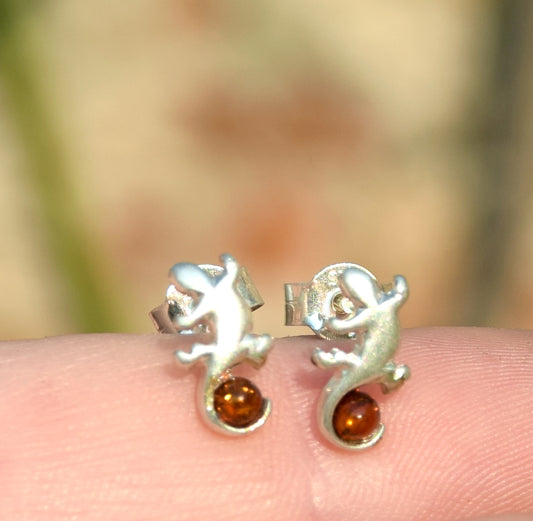 MJ Baltica, earrings, natural Baltic amber, 925 silver, lobe, gecko, lizard, BK040