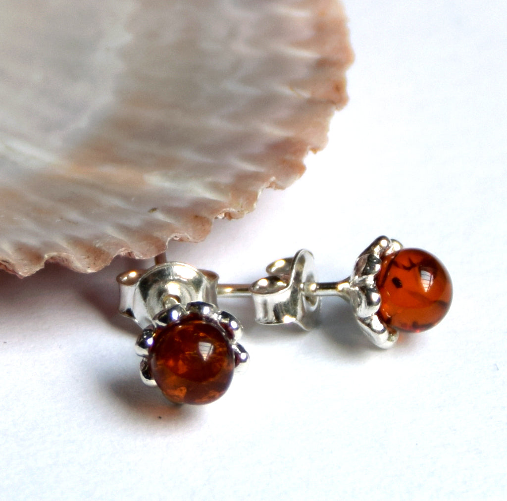 MJ Baltica, earrings, natural Baltic amber, 925 silver, sphere, flower, BK041