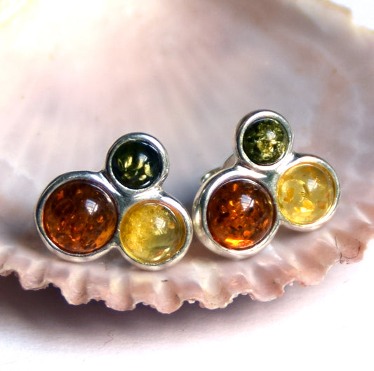 MJ Baltica, earrings, natural Baltic amber, 925 silver, multi colour, lobe, handcrafted, BK043