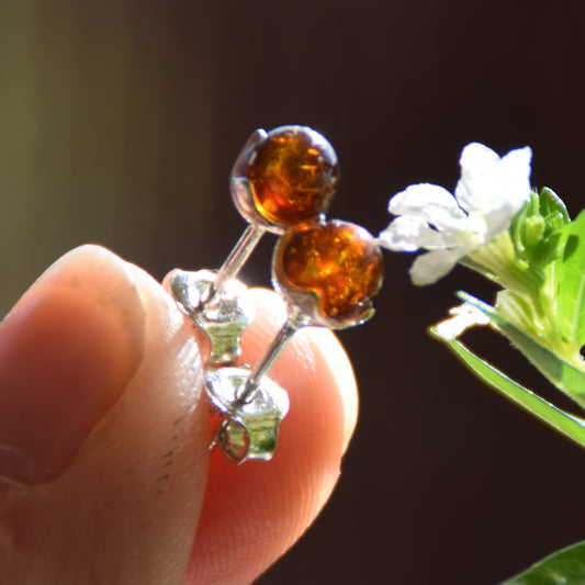 Natural Cognac Amber Ball Stud Earrings and Sterling Silver 925, MJ Baltica, BK044