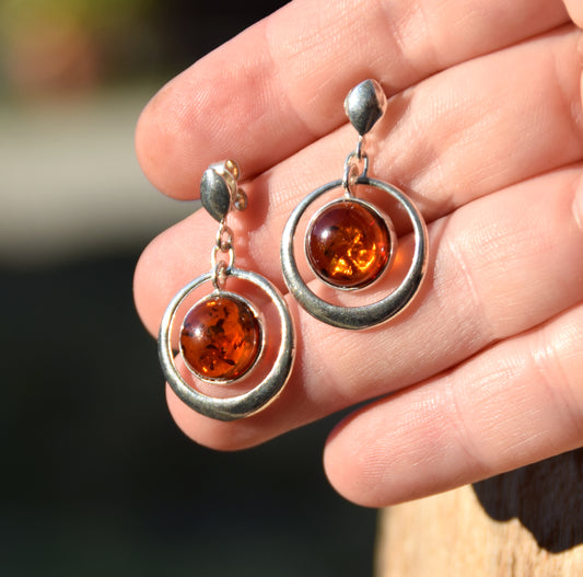 MJ Baltica, earrings, natural Baltic amber, 925 silver, circle, moving, BK046