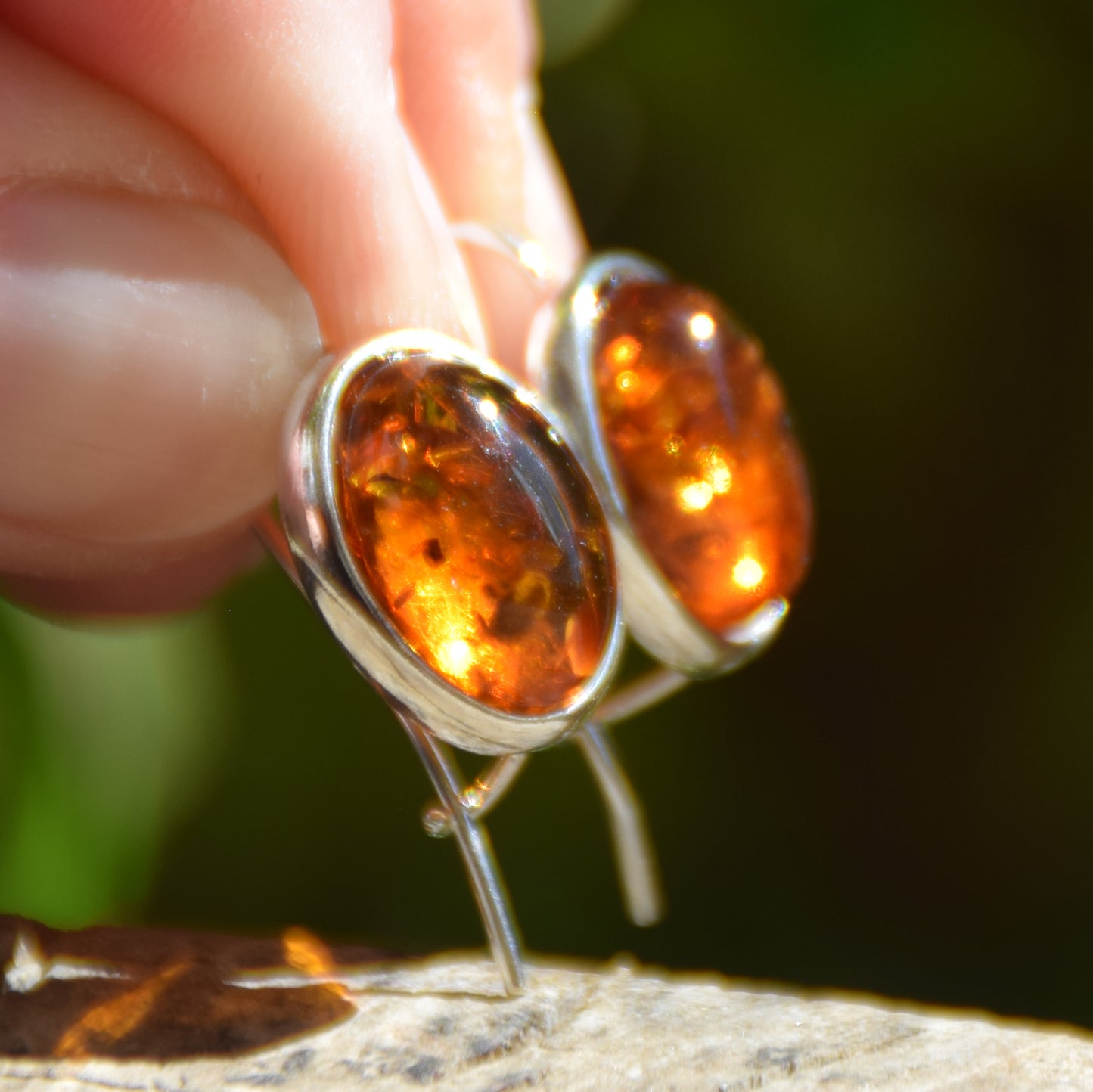 Bright earrings with a leverback closure, made with natural cognac-colored oval Amber and 925 Silver, MJ Baltica, BK047