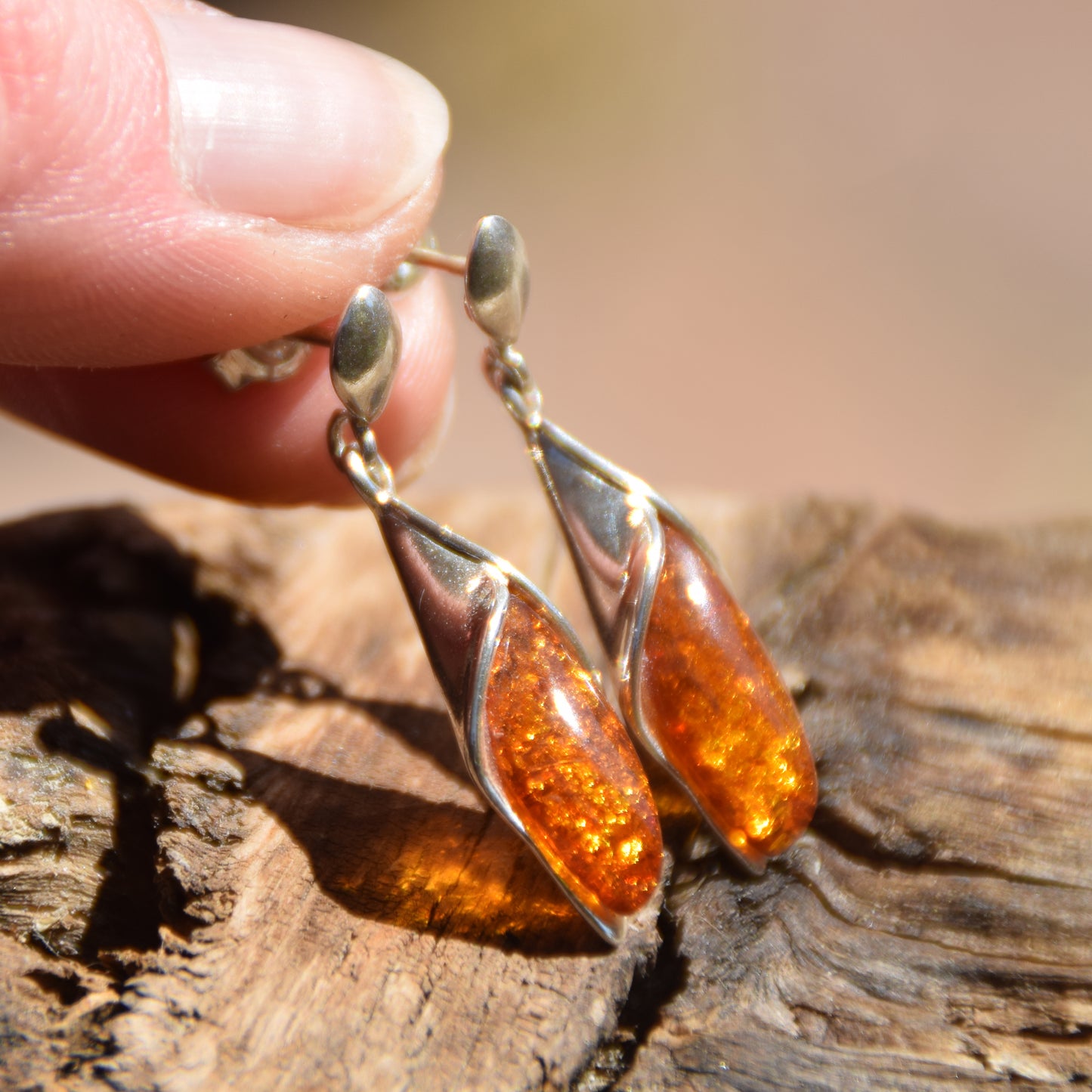 Bright drop earrings with natural Cognac Amber 925 Silver, MJ Baltica, BK049