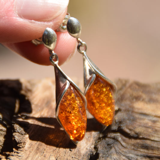 Bright drop earrings with natural Cognac Amber 925 Silver, MJ Baltica, BK049
