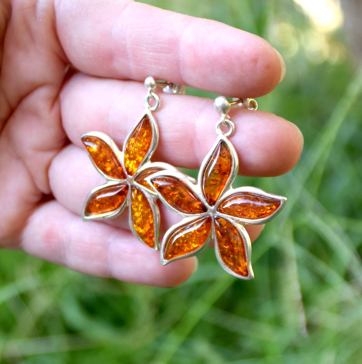 MJ Baltica, earrings, natural Baltic amber, 925 silver, flower, large, beautiful, BK050