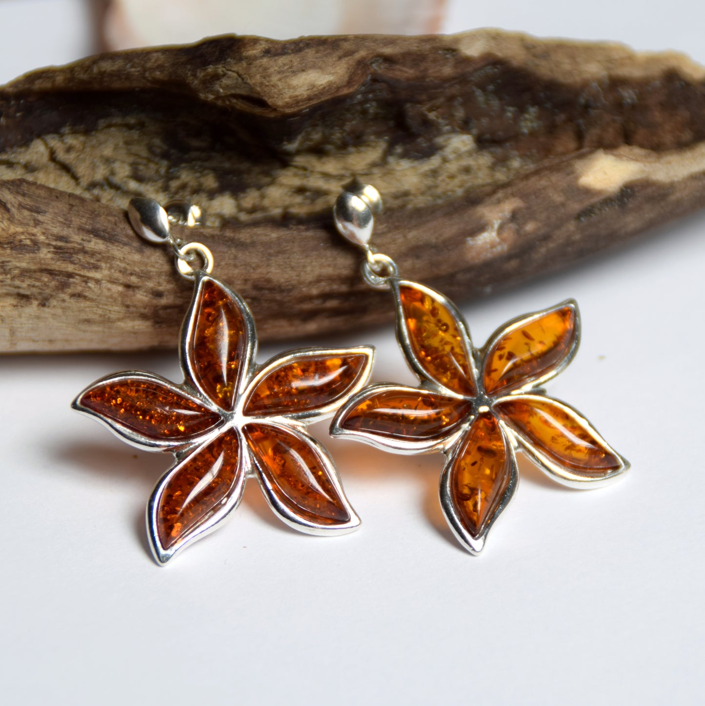 MJ Baltica, earrings, natural Baltic amber, 925 silver, flower, large, beautiful, BK050