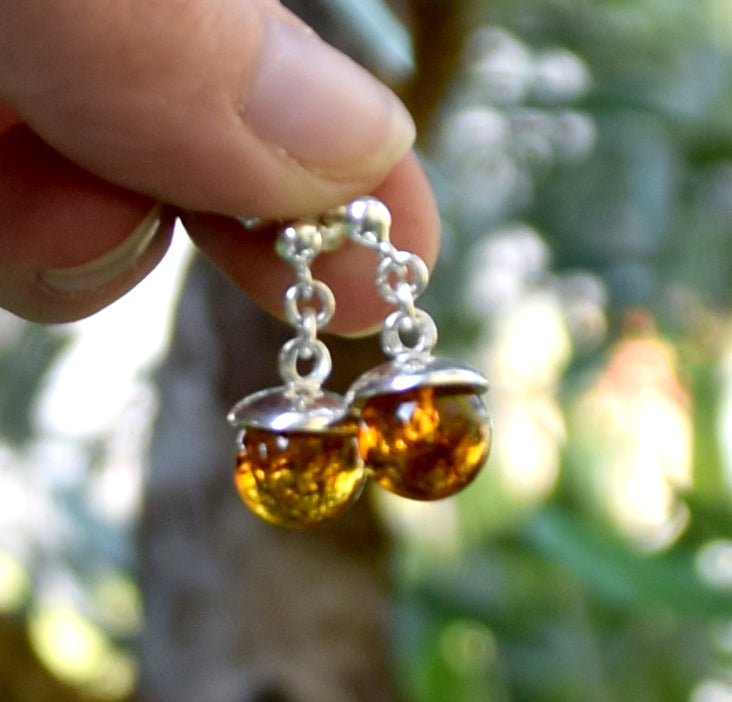 MJ Baltica, earrings, natural Baltic amber, 925 silver, sphere, handcrafted, pendant BK052